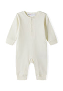 Babies long sleeve romper ribbed cream 0-18m in soft cream color, featuring ribbed texture, long sleeves, and full coverage.