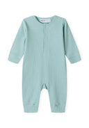 Babies long sleeve romper ribbed cream 0-18m in a soft ribbed mint green fabric with long sleeves for infant comfort.