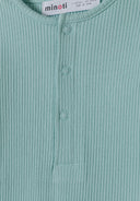 Ribbed fabric detail of a mint green babies long sleeve romper ribbed cream 0-18m with button closure. Soft and stretchy.