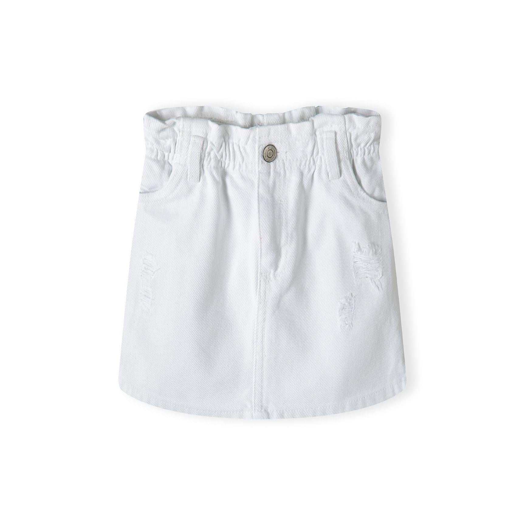 White denim skirt with paperbag waistband and metal button detail, front view on white background