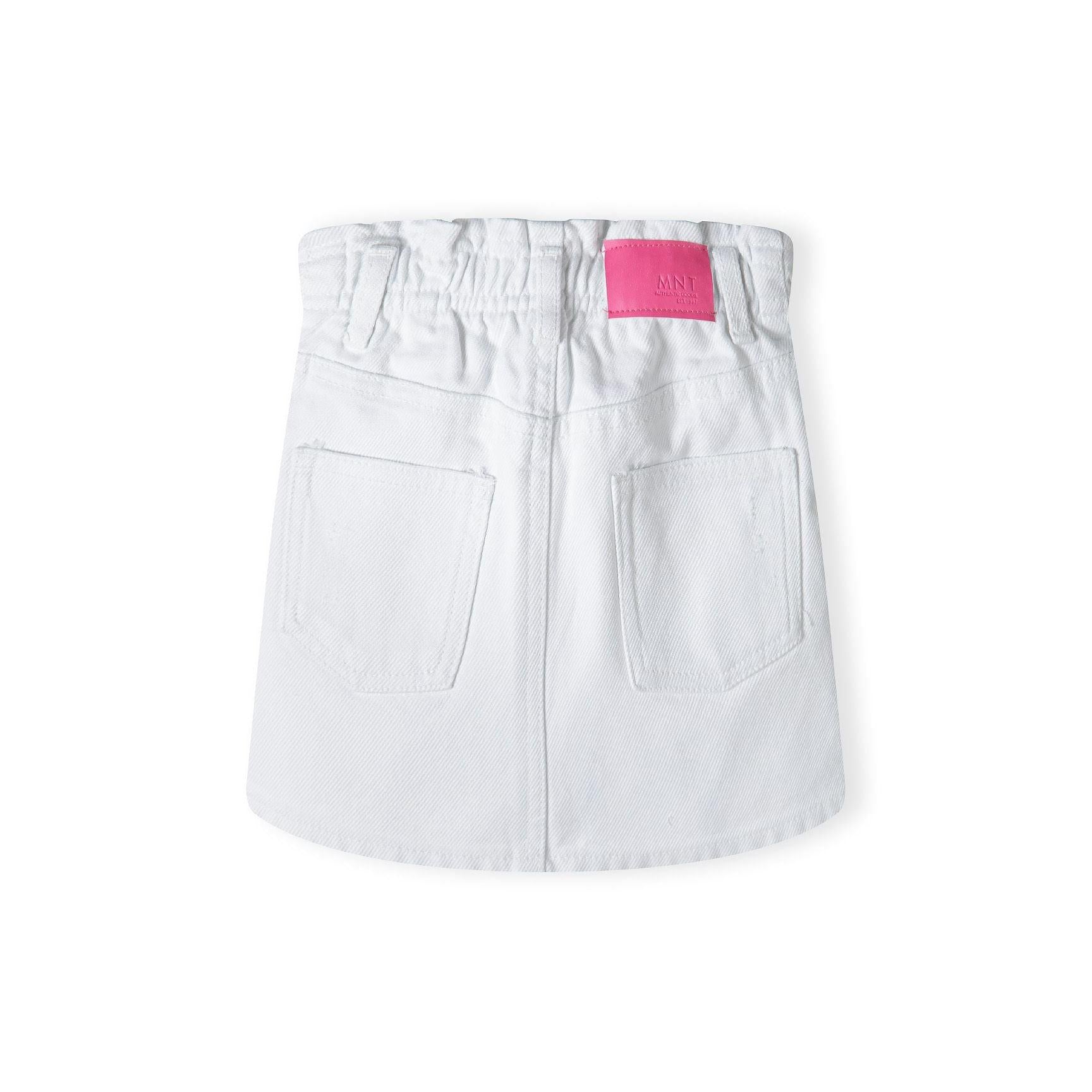 Back view of white denim skirt showing rear pockets and pink Minoti brand label