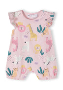 Girls rompers with frill sleeves cream 0-24m featuring colorful animal patterns, frill sleeves, and soft fabric, ideal for toddlers.