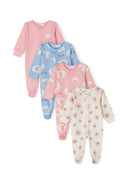 Set of 4 girls long sleeve sleepsuits in various colors, featuring front press stud fastening.