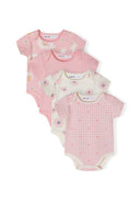 Pack of four girls' short sleeve bodysuits in light pink with various prints, detail view.