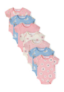 Pack of seven short sleeve girls bodysuits in light pink and blue with various prints, front view.