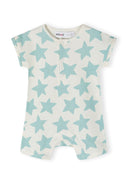 Boys 2 pack short sleeve rompers colourful patterns mint 0-24m with playful star print in mint on cream background. Comfortable cotton fabric.