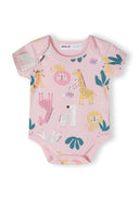 Girls short sleeve bodysuits 4 pack purple 0-24m featuring playful animal prints on soft pink cotton. Ideal for infants.