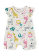 Girls rompers frill sleeves purple 0-24m with colorful animal prints, soft cotton material for comfort in warm weather.