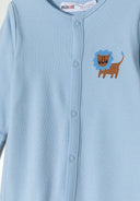 Light blue boys 2 pack long sleeve sleepsuits with feet featuring playful lion graphic, ideal for 0-24 months. 