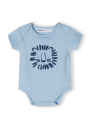Light blue boys short sleeve bodysuit with lion print, made from soft cotton for ages 0-24m. Perfect for comfort and playful style.