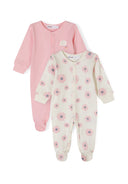 Two long-sleeved sleepsuits for girls, one light pink and one cream with floral print, front view.
