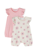 Two girls' rompers in light pink and floral patterns, featuring frill sleeves and snap fastenings.