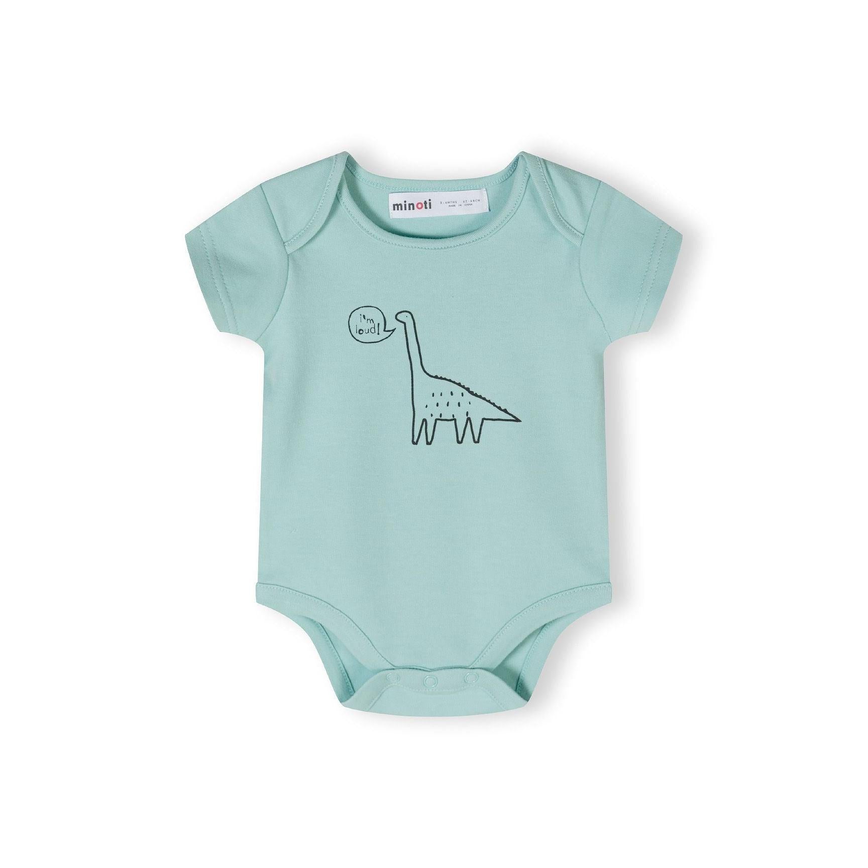 Close-up detail of mint green bodysuit showing dinosaur print with 'i'm loud!' speech bubble and Minoti label at neckline