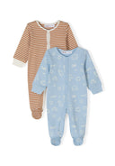 Boys sleepsuits 2 pack long sleeve with feet beige 0-24m featuring one striped and one printed design for babies.