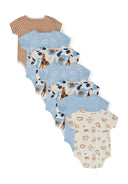 Set of seven boys short sleeve bodysuits in light blue with various prints, back view.