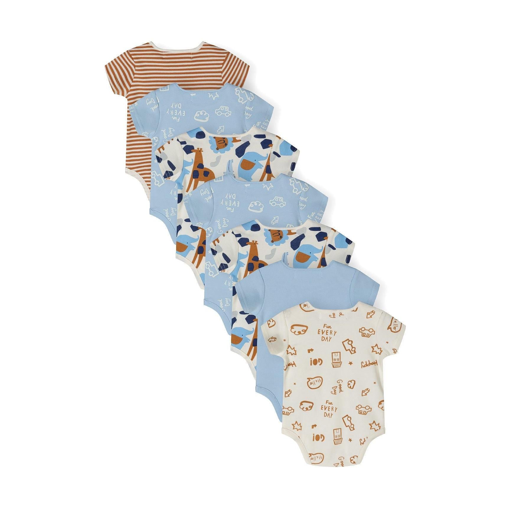 Single bodysuit in cream base with colourful animal pattern featuring dogs, shapes and abstract designs in blue, orange and navy colours laid flat against white background