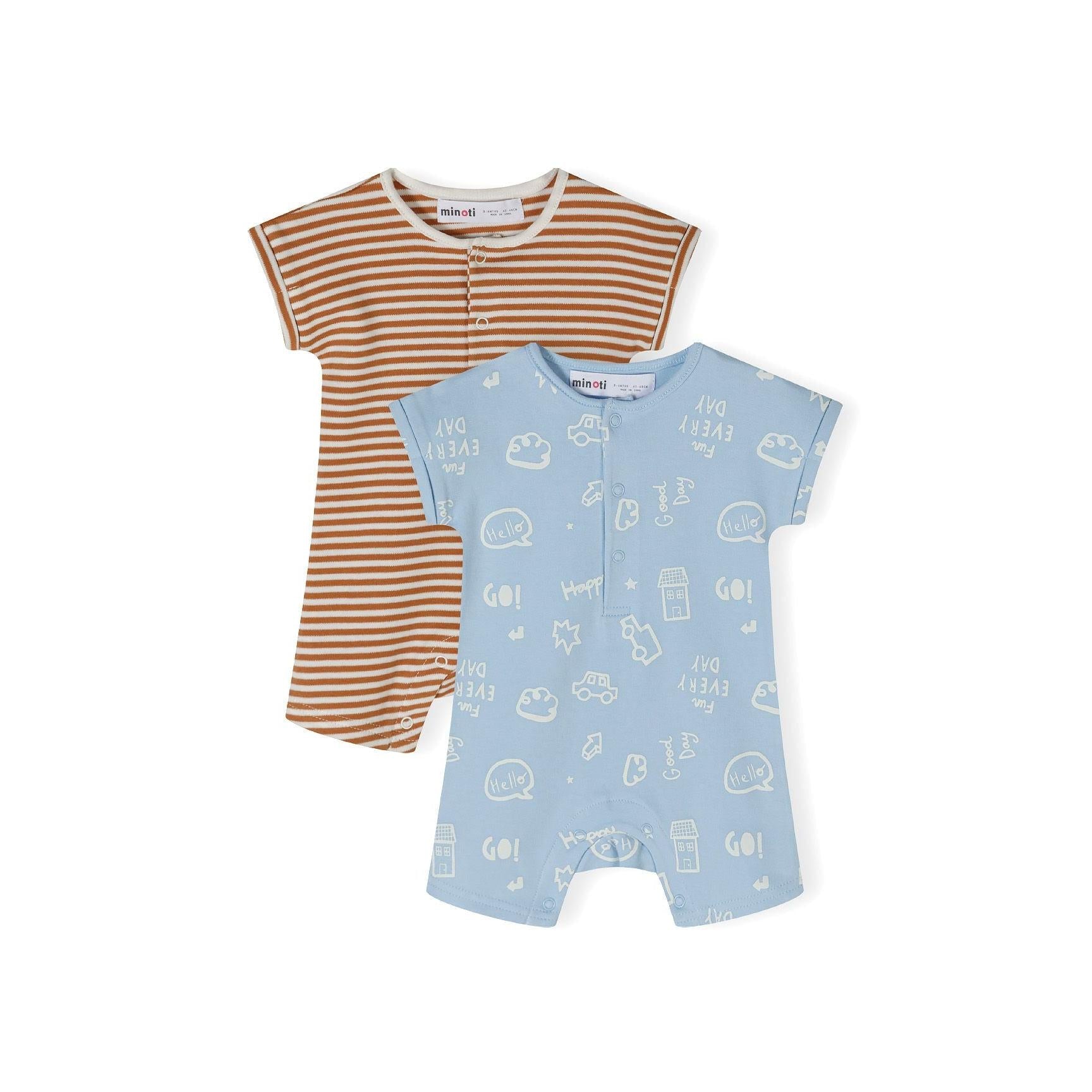 Two baby rompers displayed on white background - brown and white striped romper with snap closure and light blue romper with white activity prints including cars, houses and text