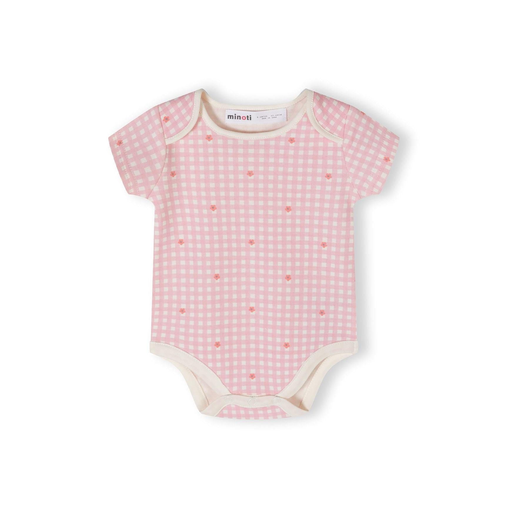 Single light pink gingham bodysuit with heart pattern laid flat showing full garment design and shape