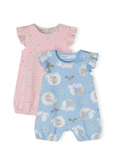 Two girls' rompers in light blue and pink, featuring frill sleeves and elasticated leg edges.