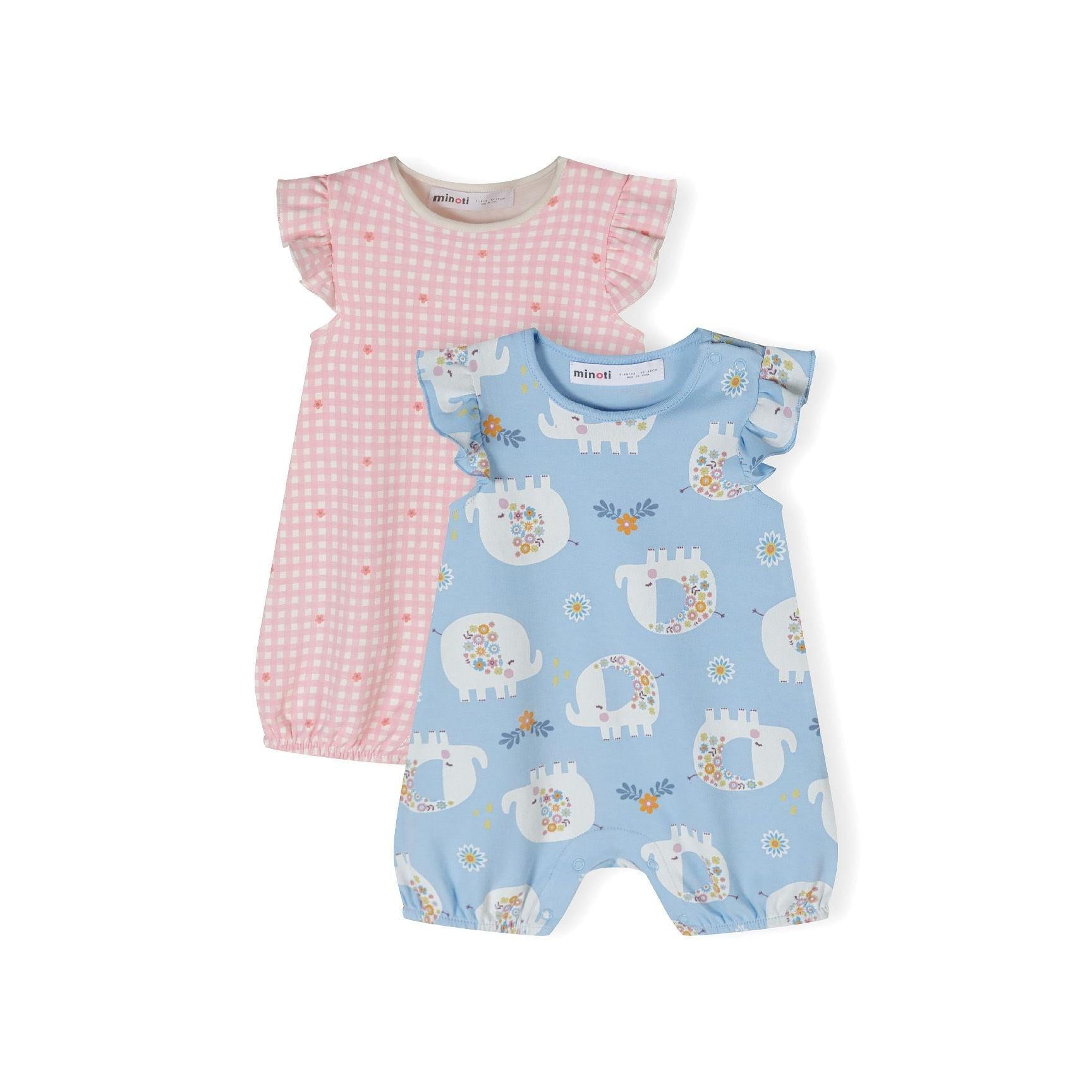 Two baby rompers displayed flat - one light blue with elephant and floral pattern, one pink with gingham check and small heart details, both featuring frill sleeves