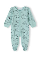 Mint long sleeve sleepsuit for boys with footed legs and dinosaur print, front press stud fastening.
