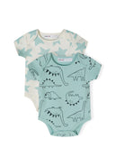 Two short sleeve bodysuits for boys, one mint with dinosaur print, one cream with star pattern, front view.