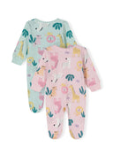 Two long-sleeved sleepsuits for girls in mint and pink with animal prints, back view.