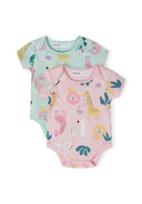Girls short sleeve bodysuit 2 pack in mint and pink with animal prints, front view.