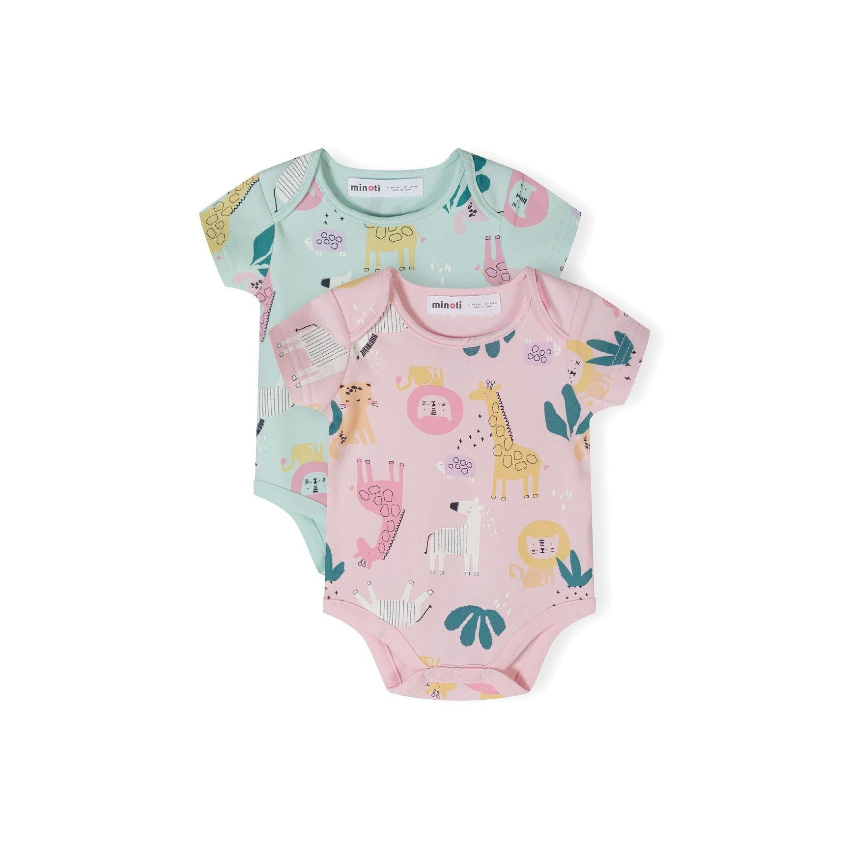 Two short sleeve bodysuits displayed flat - one mint green with safari animals, one pink with safari animals, showing Minoti branding on white background
