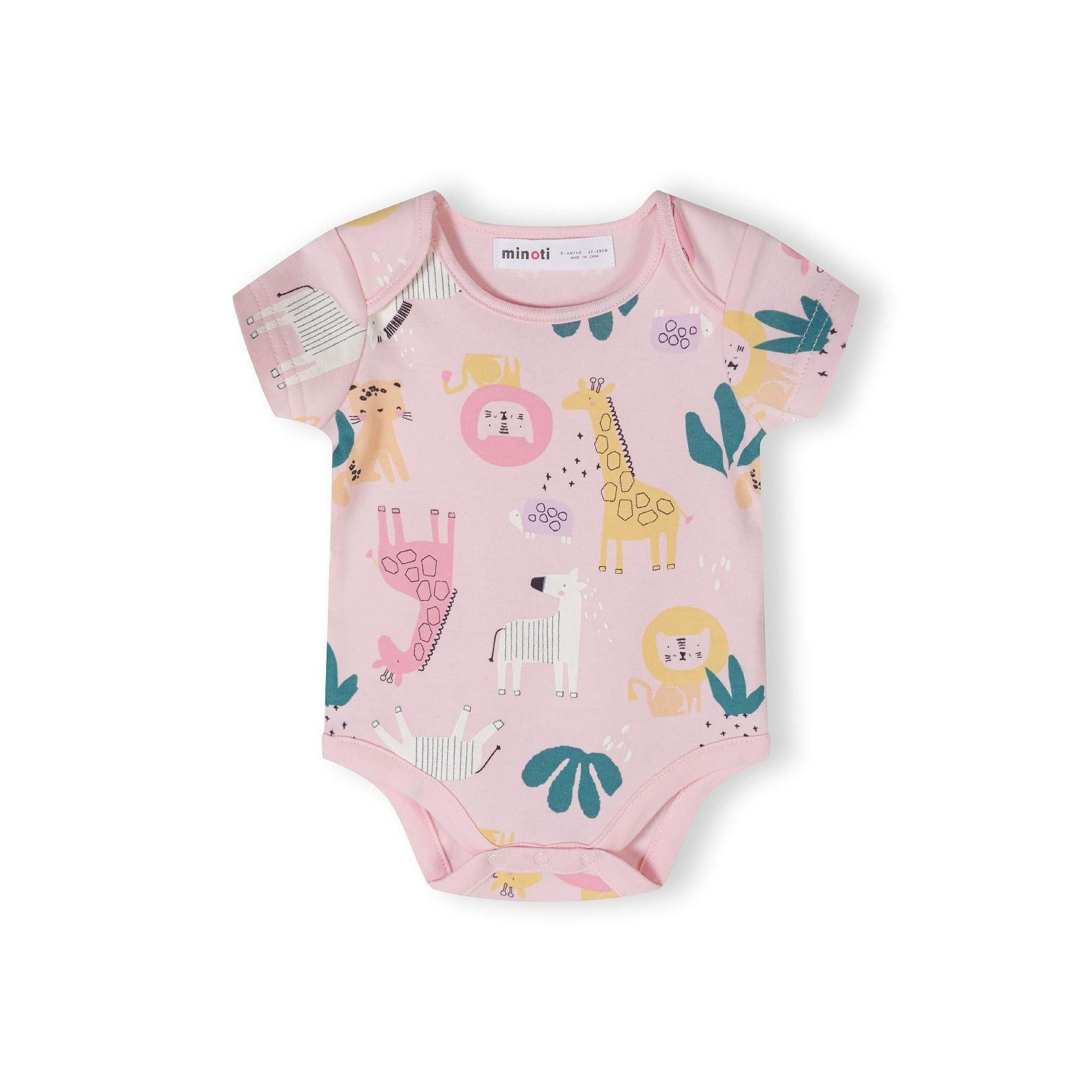 Single mint green bodysuit displayed flat showing safari animal print with giraffes, lions, elephants and zebras on white background