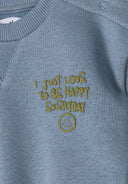 Boys long sleeve sweatshirt jogger set blue 3-24m with embroidered text and smiley face. Soft cotton blend fabric. Perfect for toddlers.