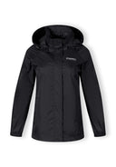 Front view of a women's black packaway waterproof jacket with a hood and zippered pockets.