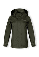 Women’s khaki waterproof jacket, front view, features hidden hood and zip pockets.