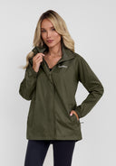 Women’s khaki waterproof jacket, front view, features hidden hood and zip pockets.