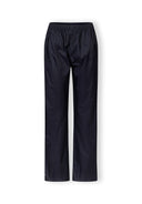 Navy women packaway waterproof overpants, smooth finish, elastic waistband, size 36-48. Perfect for wet conditions.