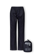 Navy waterproof overpants for women with elastic waistband and side openings for pocket access, size 36-48. Features packaway storage.