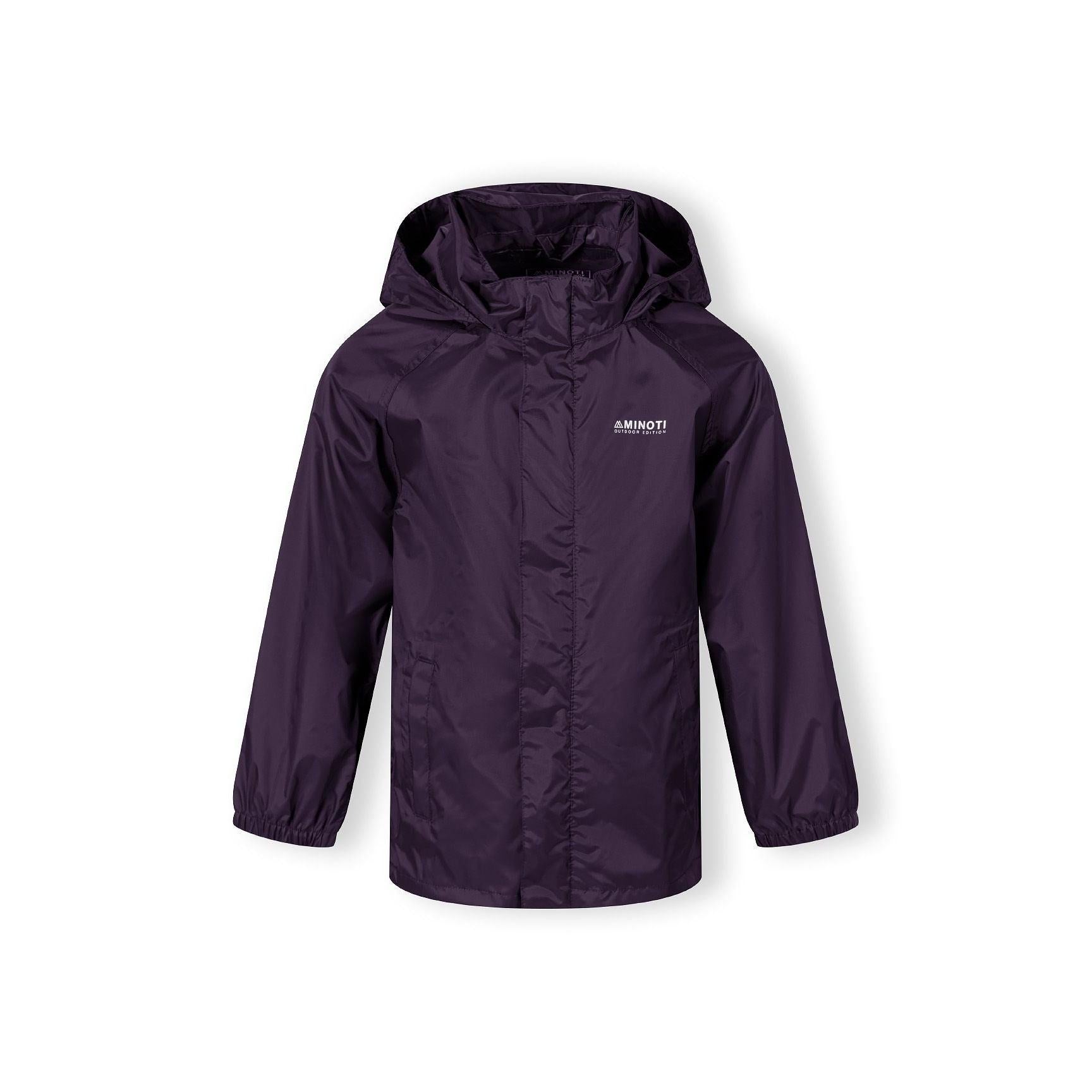 Purple packaway waterproof jacket laid flat showing compact storage pouch with Minoti branding on white background