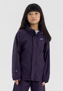 Kids waterproof jacket in purple, front view with elasticated cuffs and hood.