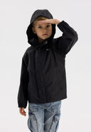 Boys waterproof packaway jacket black 3-14y with hood, lightweight water-resistant fabric for children.