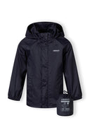 Boys packaway waterproof jacket in navy, front view with hood and elasticated cuffs.