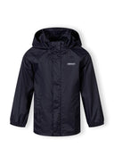 Boys waterproof jacket in navy, front view with hood and full zip.