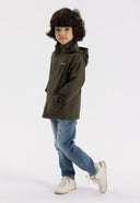 Kids packaway waterproof jacket hood khaki 3-14y with lightweight fabric, designed for boys and girls, offers comfort and freedom of movement.