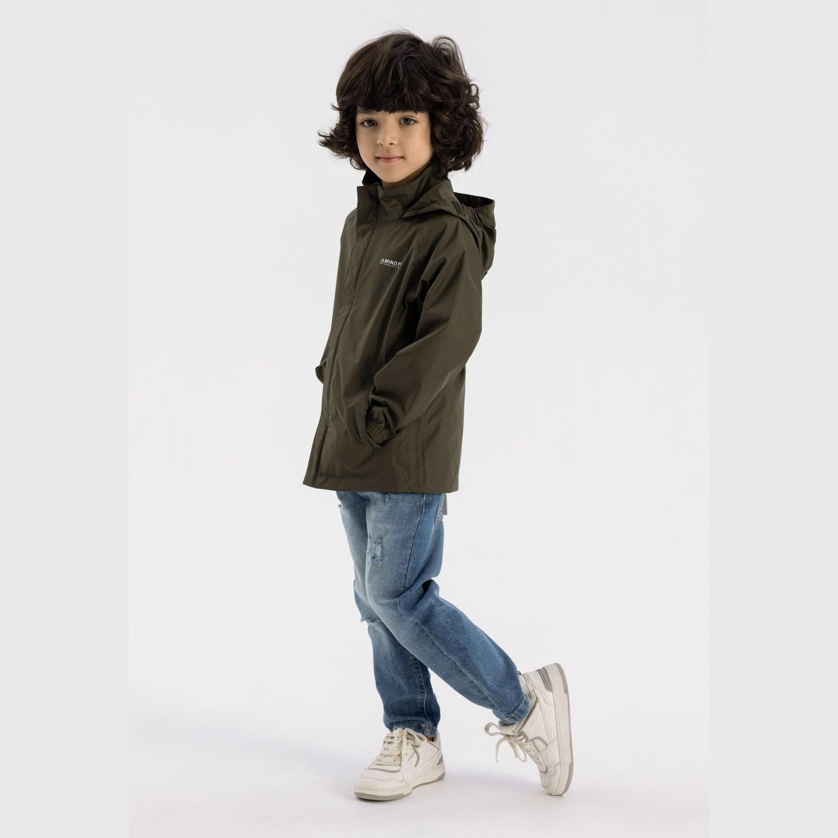 Back view of khaki packaway waterproof jacket showing hood and elasticated hem detail