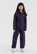 Packaway waterproof overpants in solid purple, front view, featuring elasticated waist and ankle cuffs.