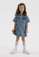 Girls short sleeve collared denim dress, front view with patch pockets.