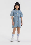 Girls short sleeve collared denim dress in light blue, front view with patch pockets.
