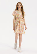 Girls short sleeve dress with floral print, round neckline, and cut-out detail at the waist.