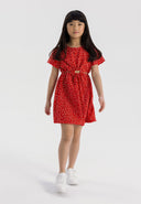 Girls short sleeve red dress with waist cut-out, front view.