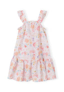 Girls tiered dress with wide shoulder straps and ruffled trim, featuring a floral pink pattern.