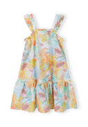 Girls tiered dress with frill, colorful tropical print, front view.